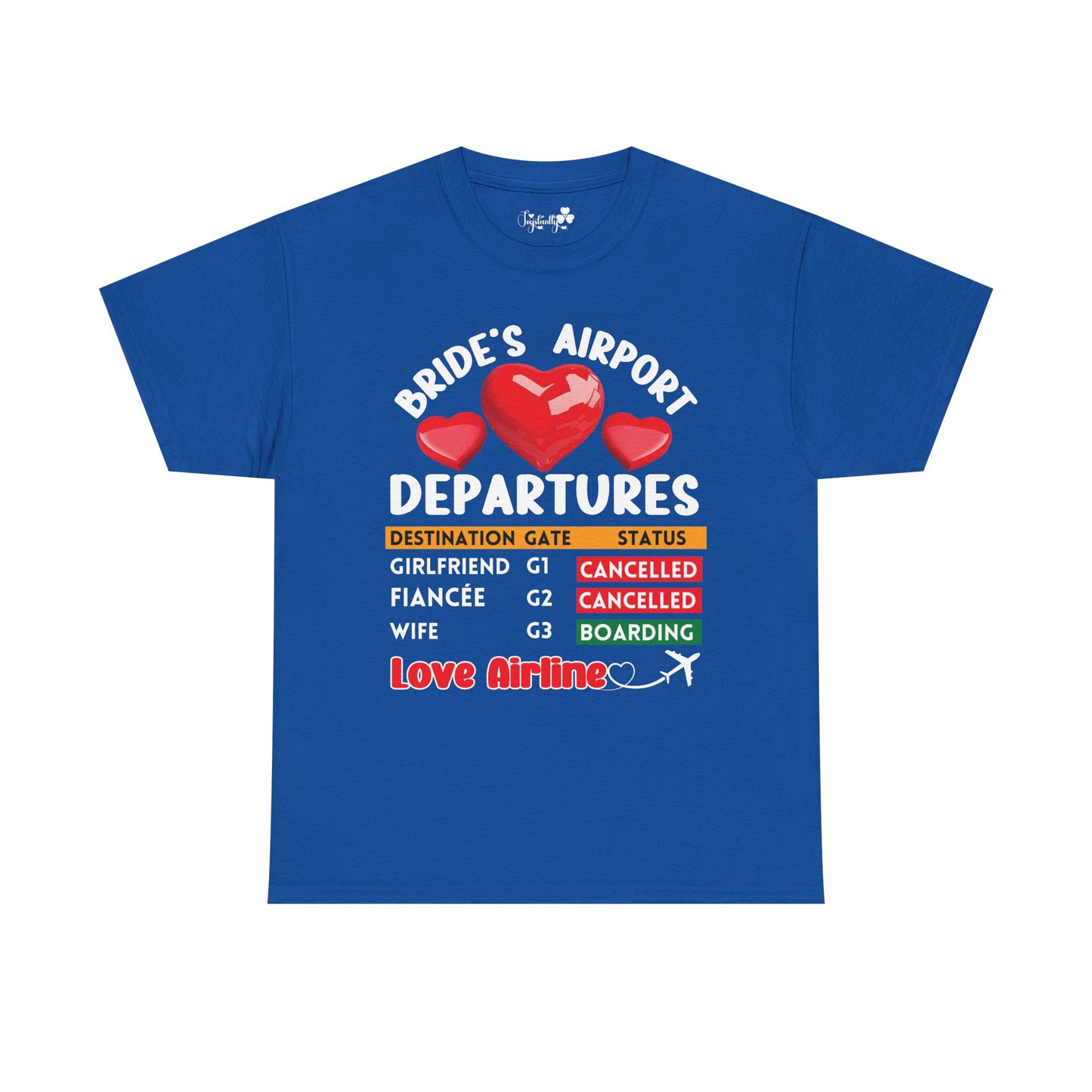 Blue t-shirt with humorous text design on a white background