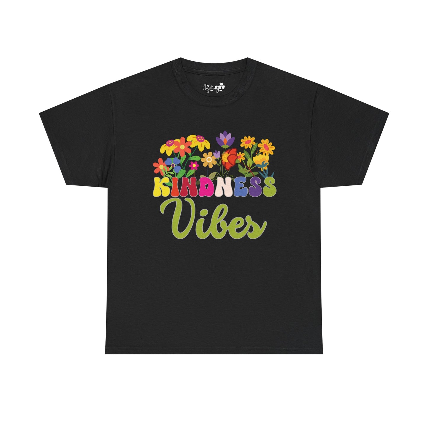 Motivational T-shirt for positive affirmations. Black t-shirt with colorful 'Kindness Vibes' design on a white background