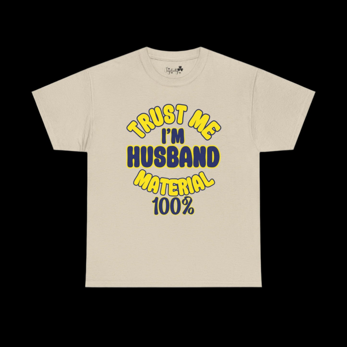 Beige t-shirt with yellow and blue text on a white background