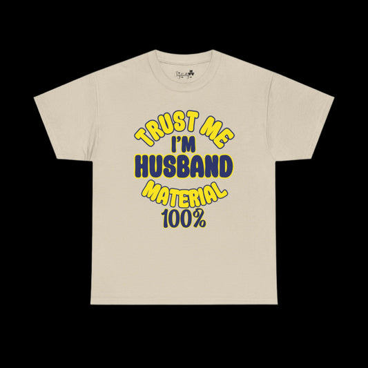 Beige t-shirt with yellow and blue text on a white background