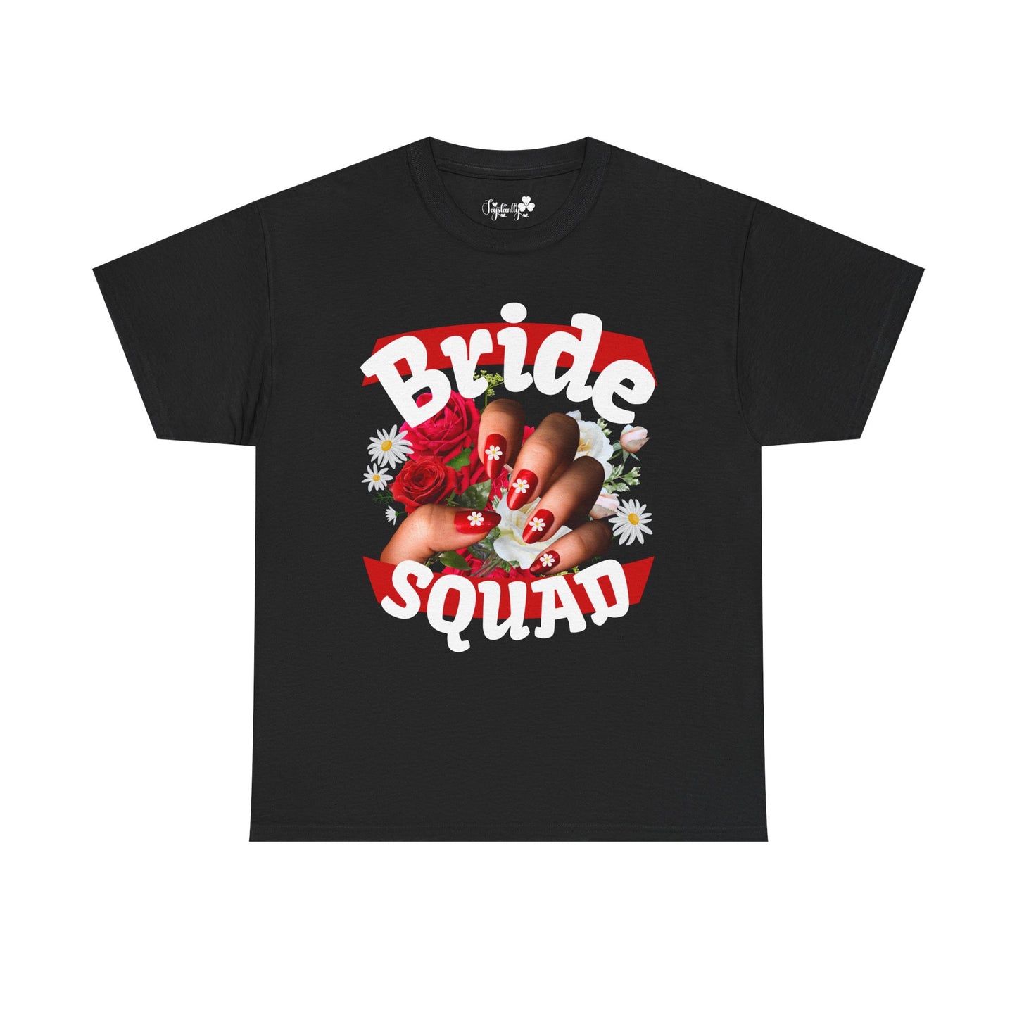 Black t-shirt with 'Bride Squad' design featuring roses and a hand on a white background
