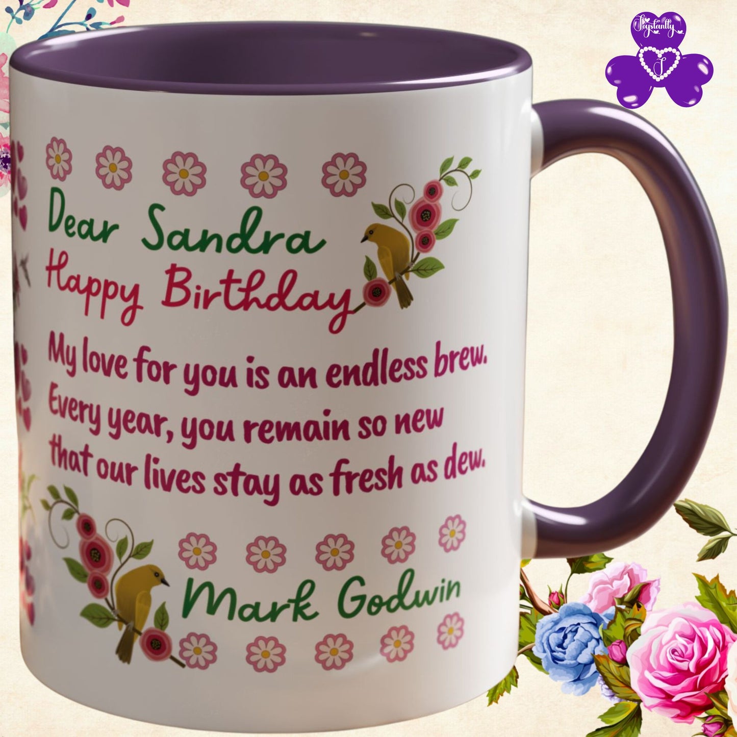 Personalized Birthday Mug for Wives. Personalized birthday mug with floral design and heartfelt message on a light background