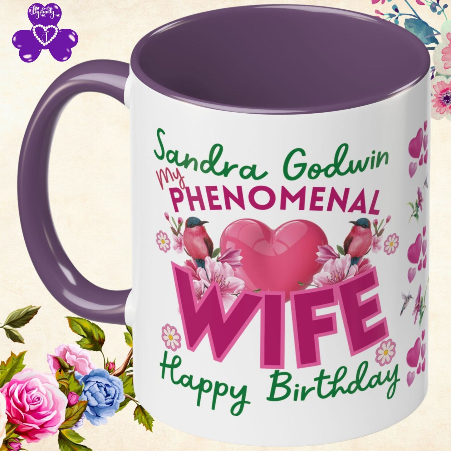 Personalized Birthday Mug for Wives. Mug with personalized birthday message and floral design on a floral background