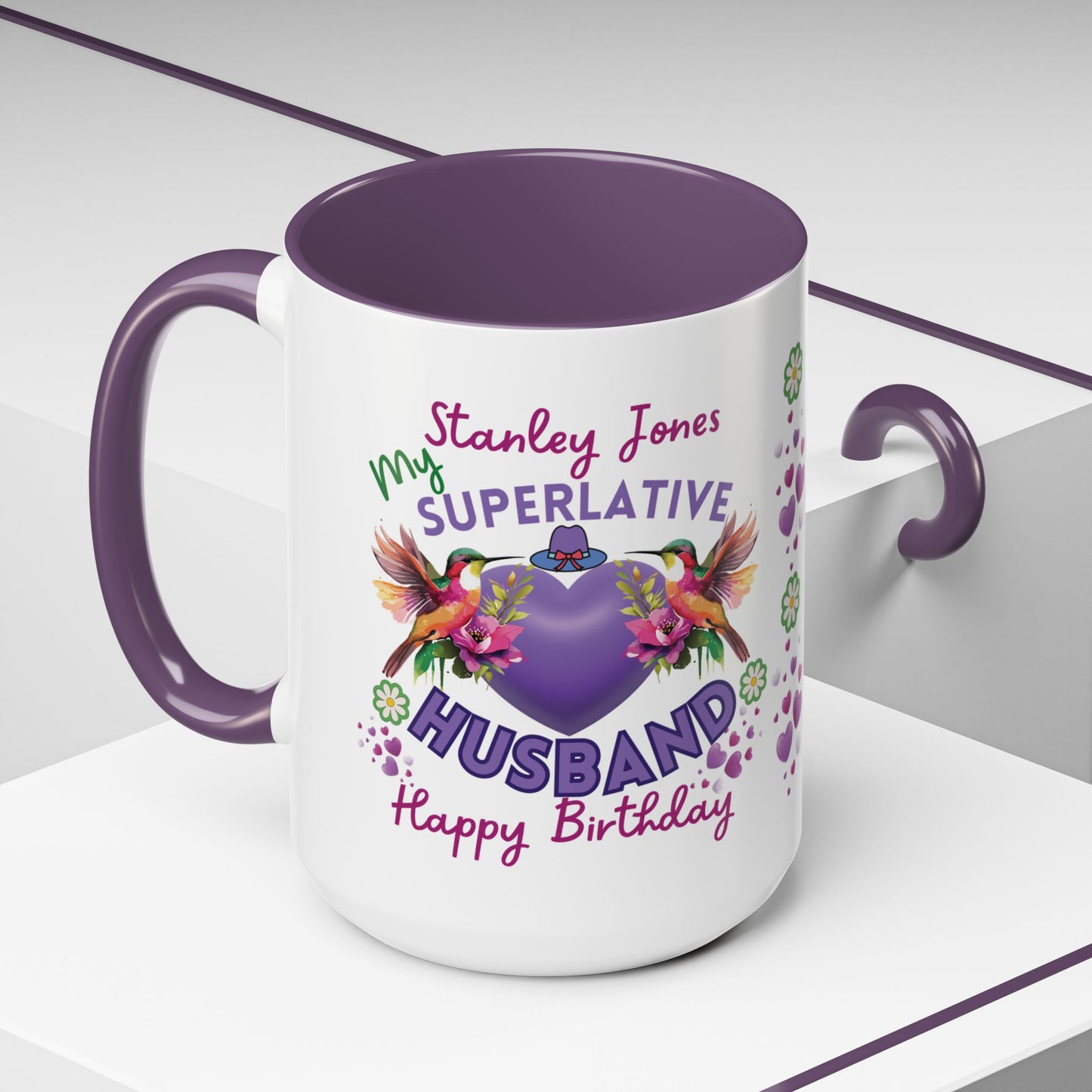 Personalized Birthday Mug for Husbands. White mug with purple interior and handle, featuring colorful text and graphics on a white background.