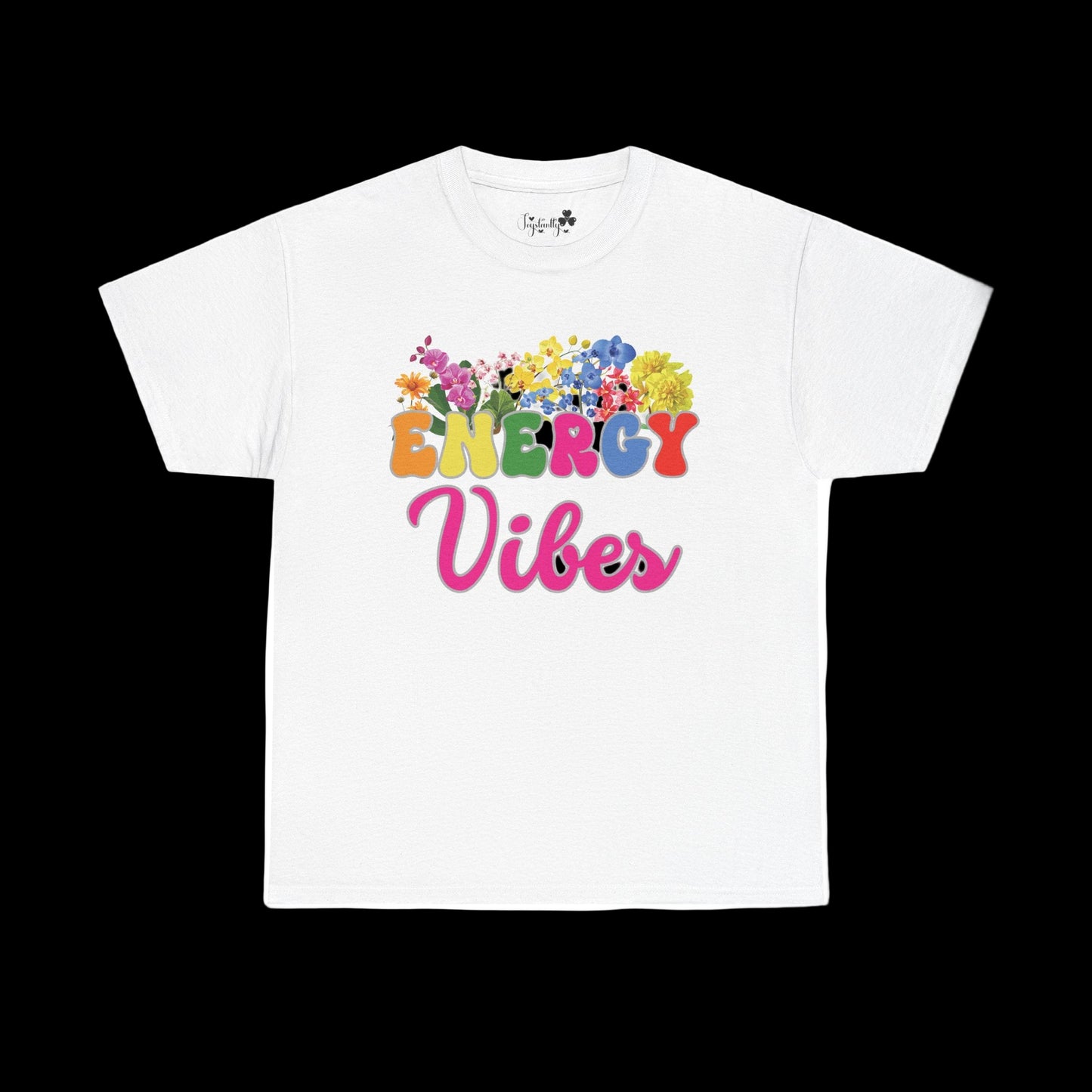 Motivational T-Shirt. White t-shirt with colorful 'Energy Vibes' text and floral design on a white background