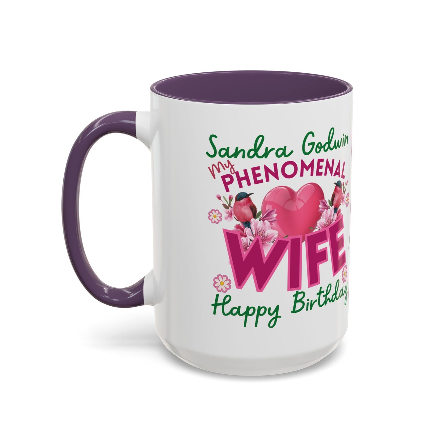 Personalized Birthday Mug for Wives. White mug with purple handle and interior, featuring personalized text and graphics on a white background.