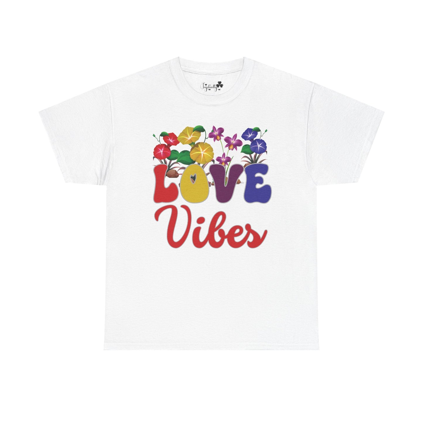 White t-shirt with 'Love Vibes' text and colorful floral design on a white background