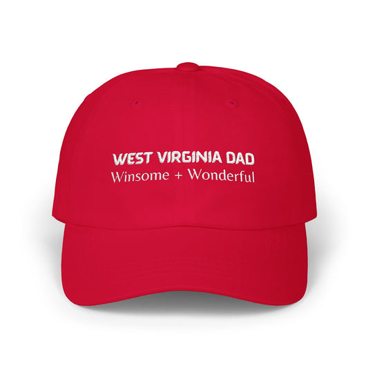 Red Baseball Cap. Best Embroidered Cap For West Virginia Dads.
