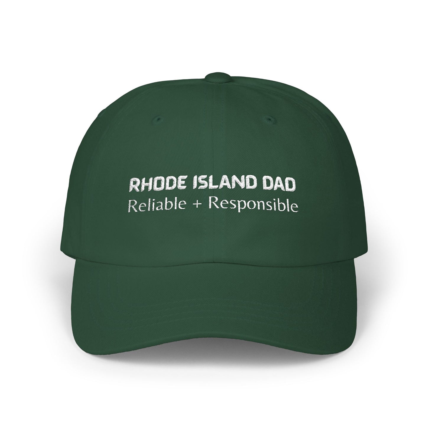 Green Baseball Cap. Best Embroidered Cap For Rhode Island Dads.