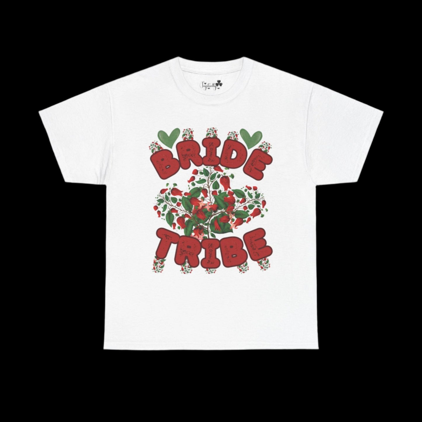 White t-shirt with 'Bride Tribe' design on a white background