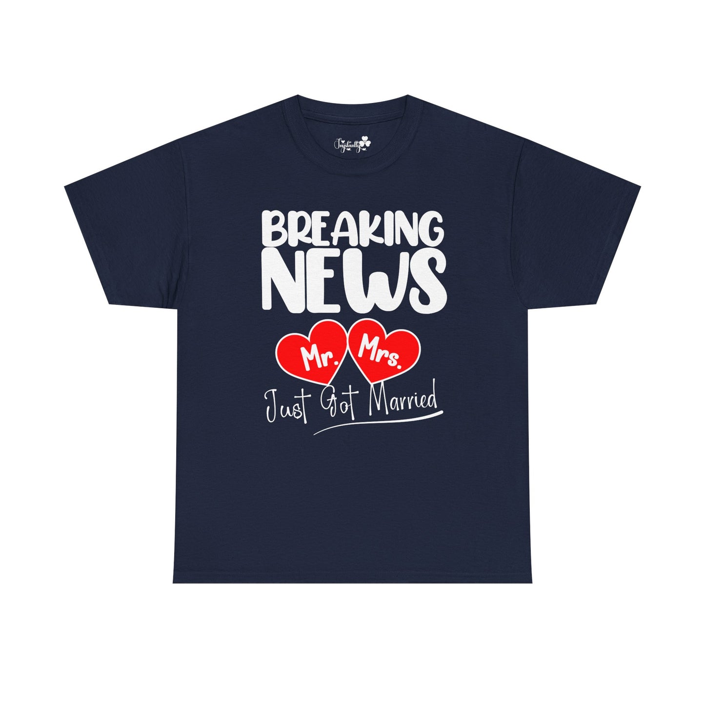Navy blue t-shirt with 'Breaking News Mr Mrs Just Got Married' text and hearts on a white background