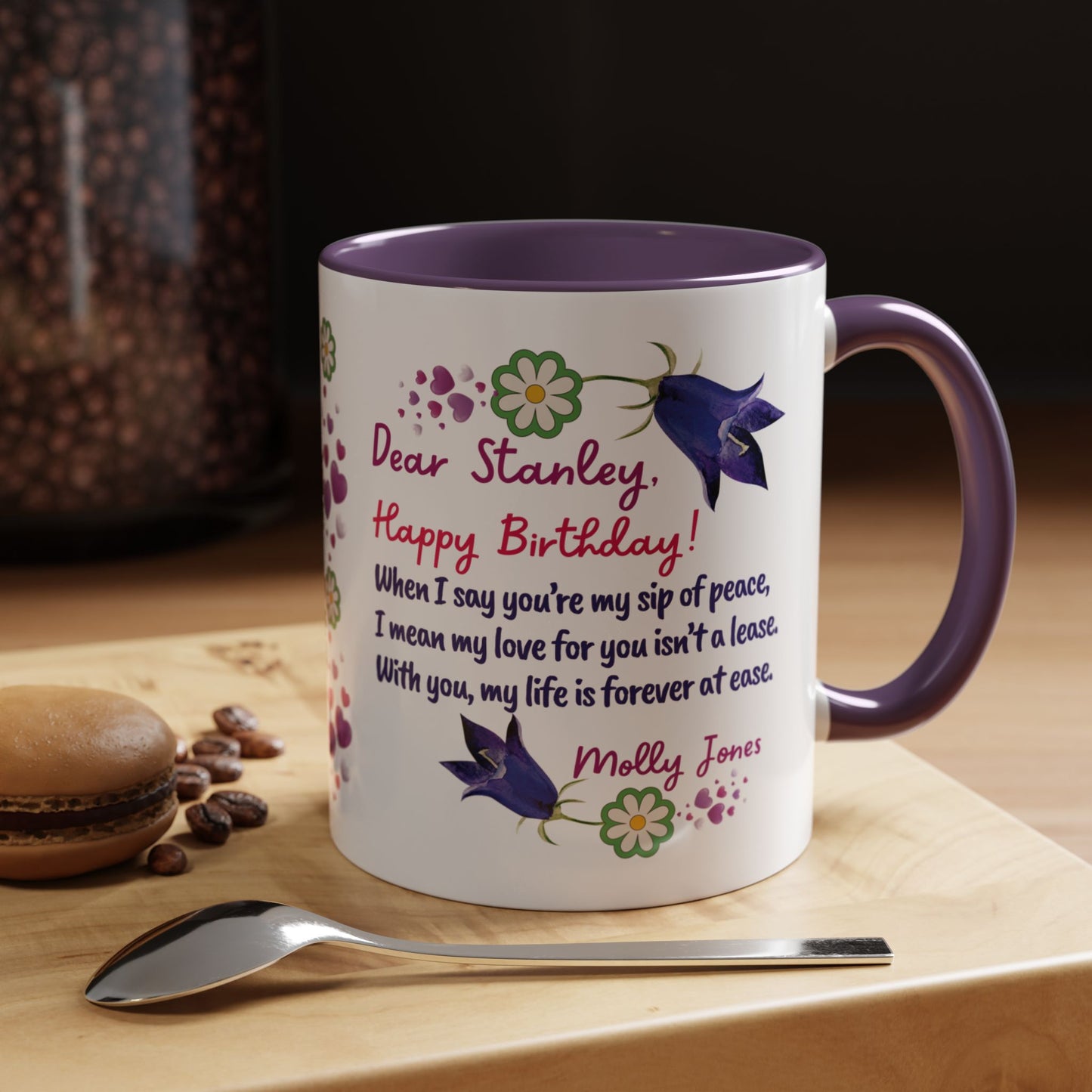 Personalized Birthday Mug for Husbands. Personalized birthday mug with floral design and text on a wooden surface with coffee beans and a spoon.