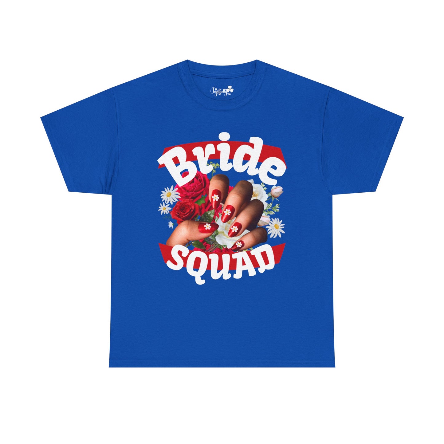 Blue t-shirt with 'Bride Squad' graphic on a white background