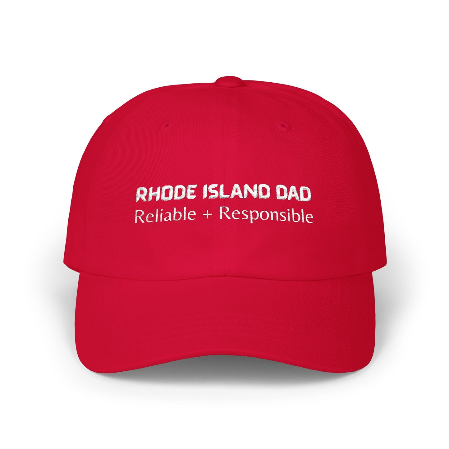 Red Baseball Cap. Best Embroidered Cap For Rhode Island Dads.