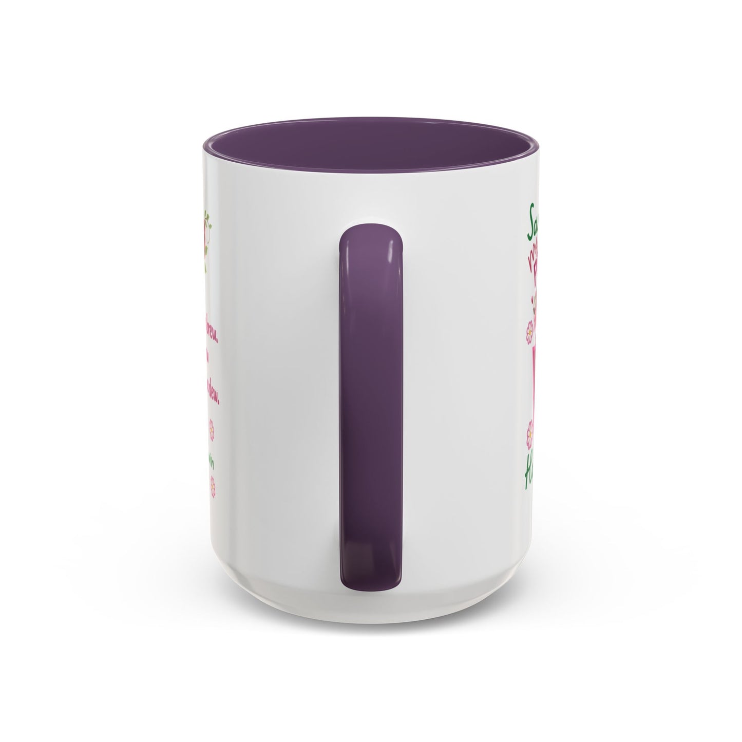 Personalized Birthday Mug for Wives. White mug with purple handle and interior on a white background