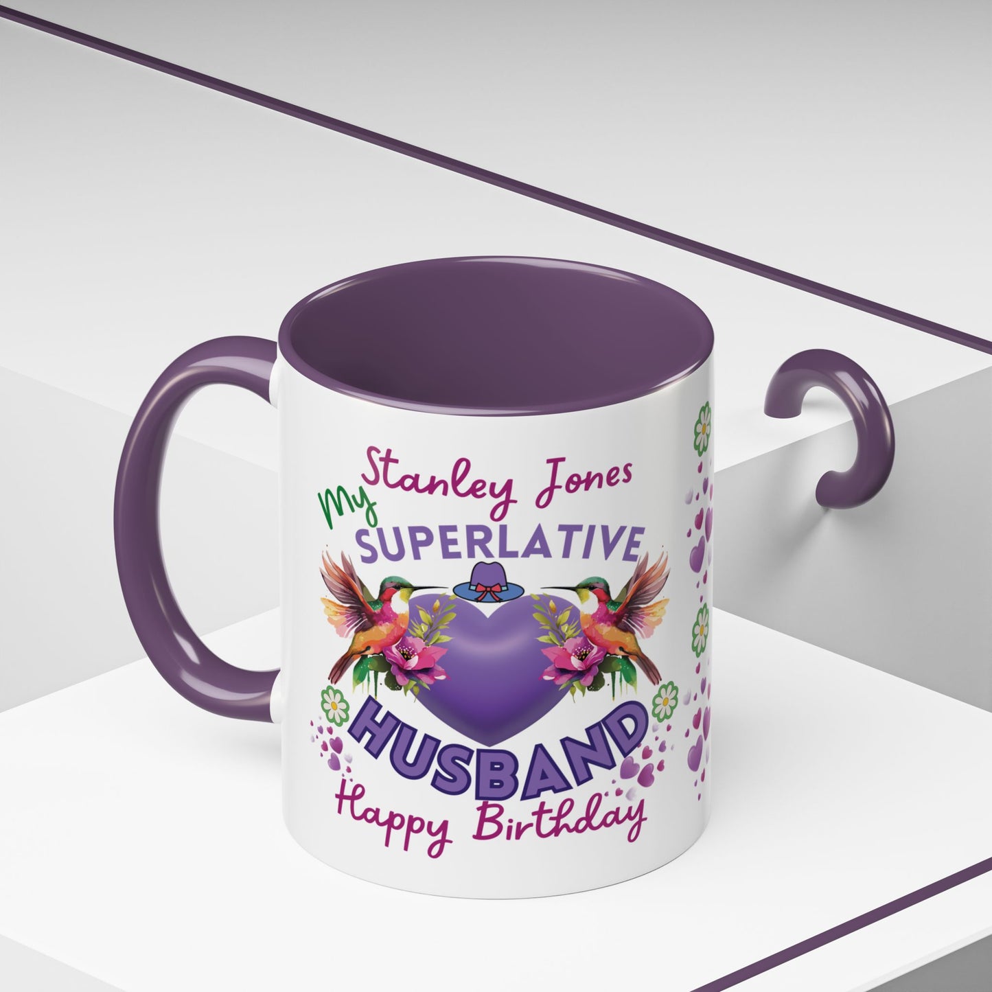 Personalized Birthday Mug for Husbands. Mug with personalized message and colorful design on a white background