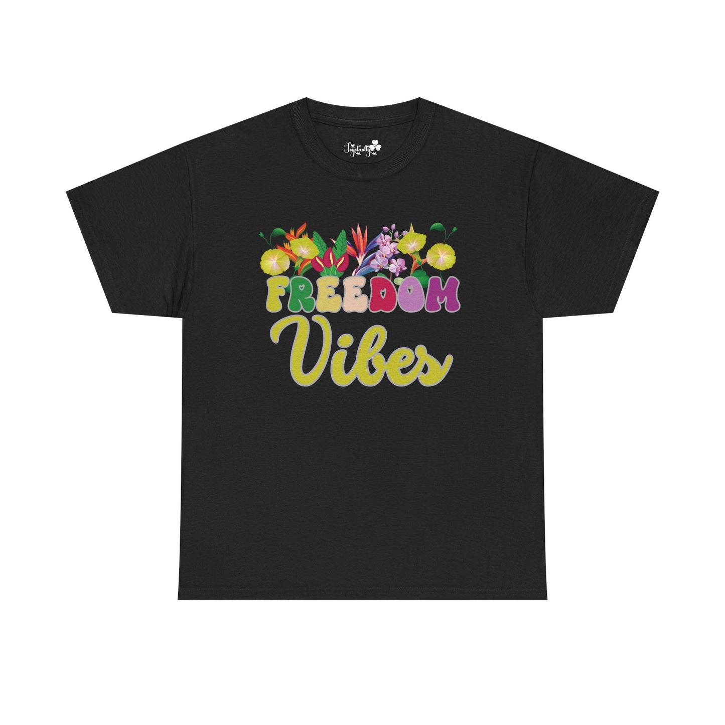 Motivational T-shirt for positive affirmations. Black t-shirt with 'Freedom Vibes' text and floral graphics on a white background