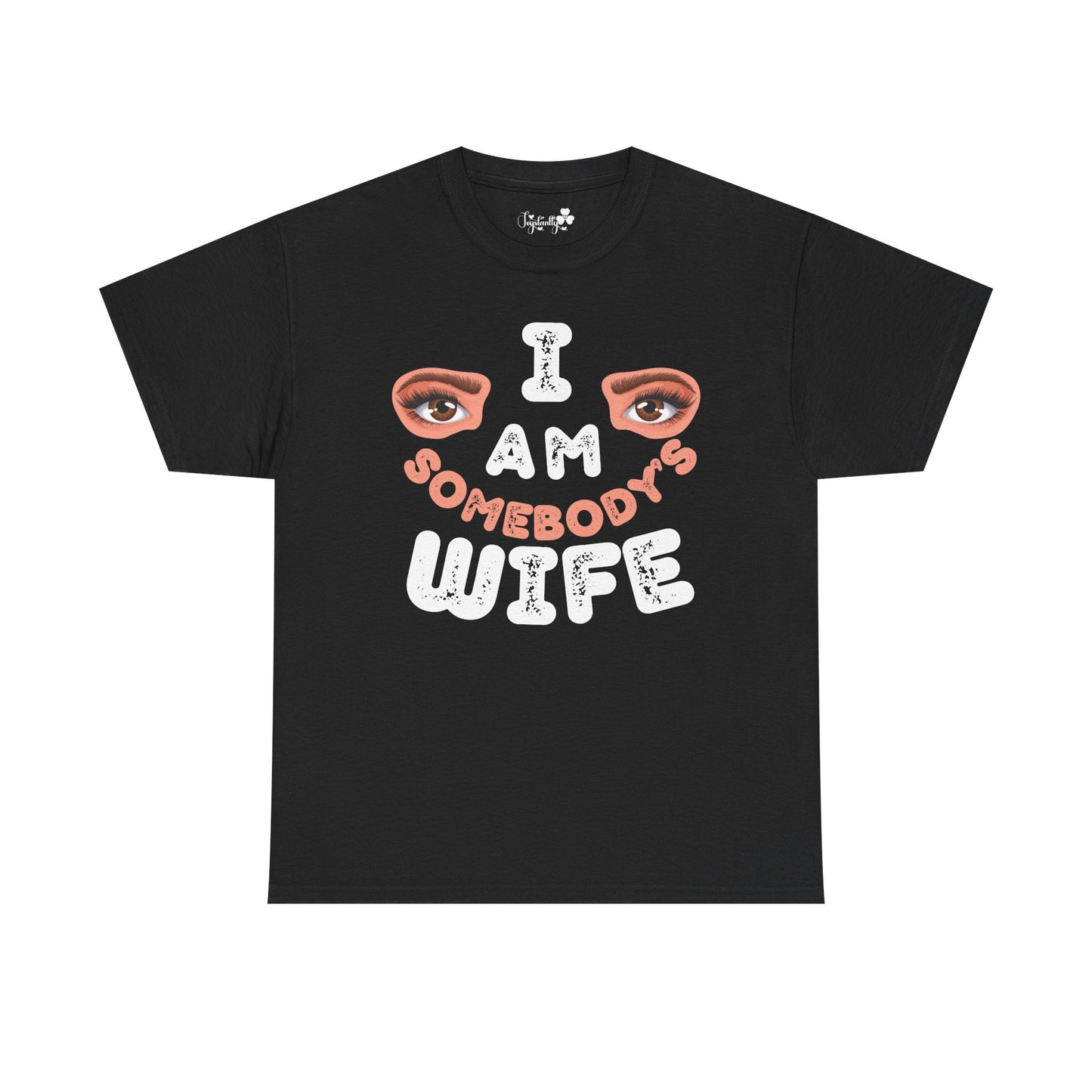 Black t-shirt with graphic text and eyes on a white background