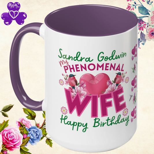 Personalized Birthday Mug for Wives. Mug with personalized message and floral design on a floral background