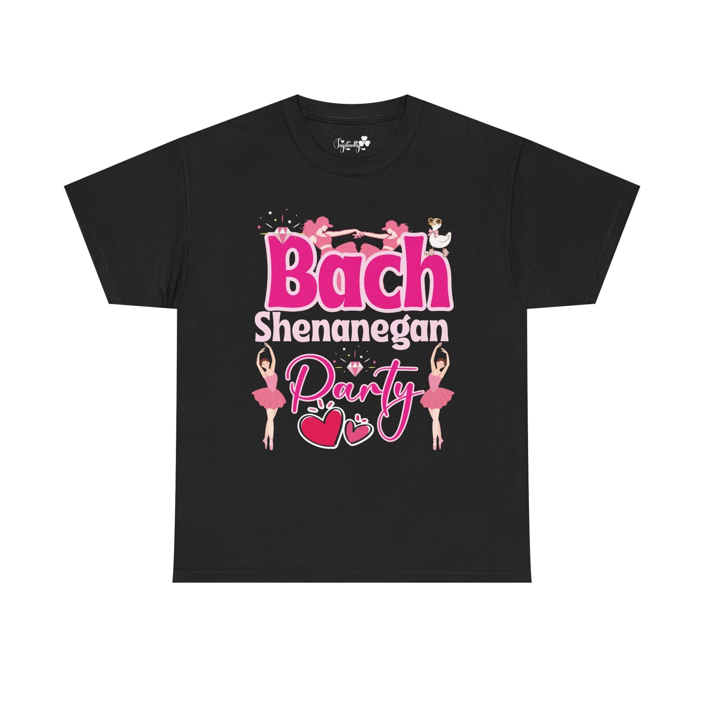 Black t-shirt with pink and white text and graphics on a white background