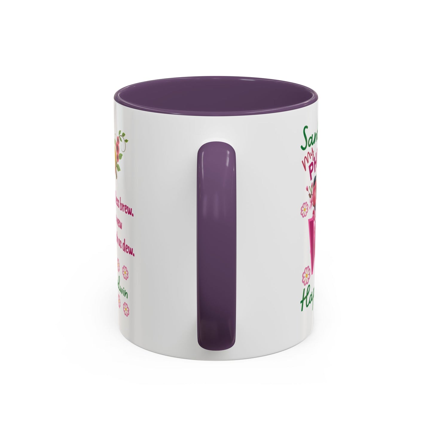 Personalized Birthday Mug for Wives. White mug with purple interior and handle, featuring text and graphics on a white background