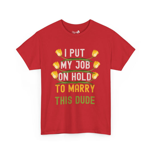 Red t-shirt with text and tulip graphics on a white background