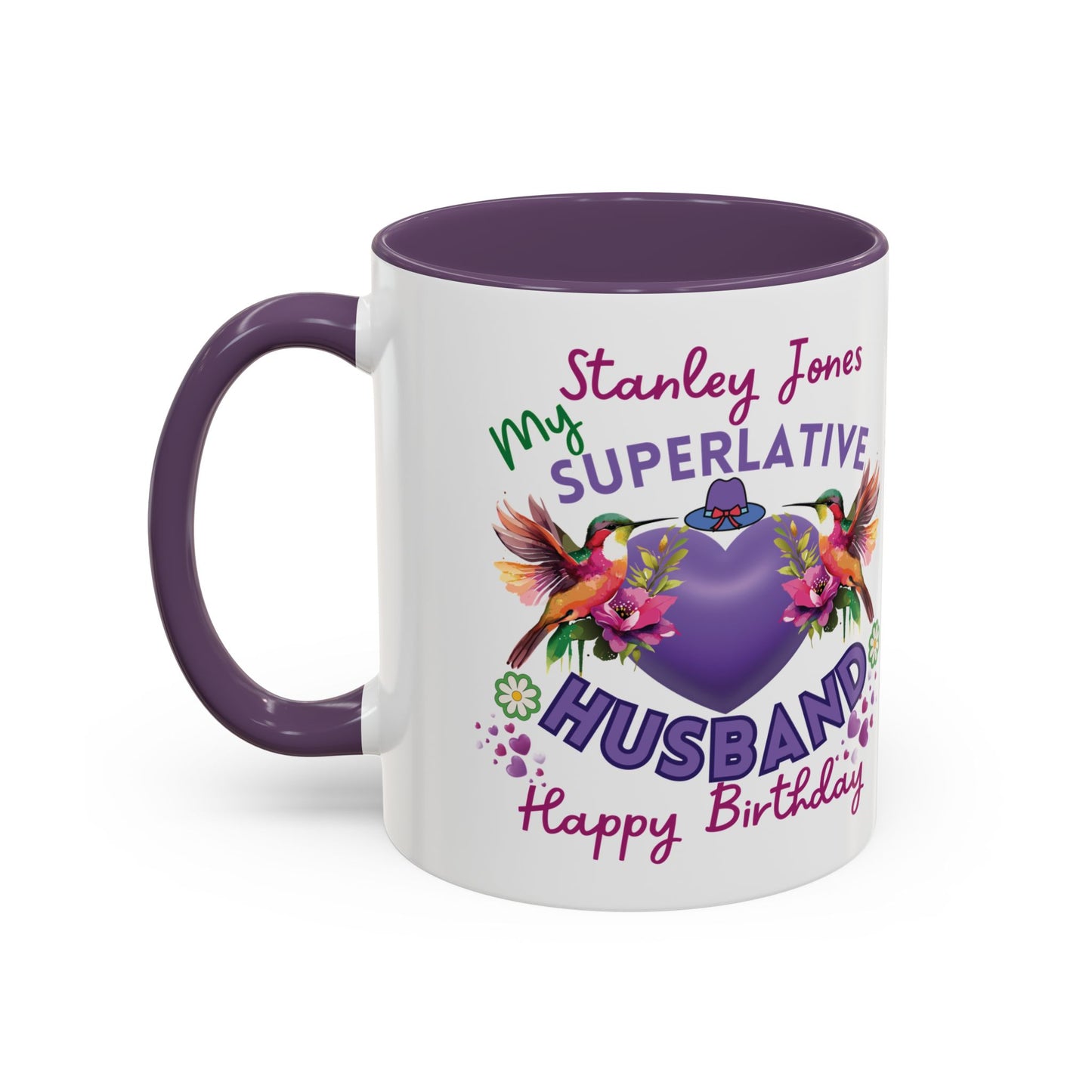 Personalized Birthday Mug for Husbands. White mug with purple interior and handle, featuring colorful text and designs.