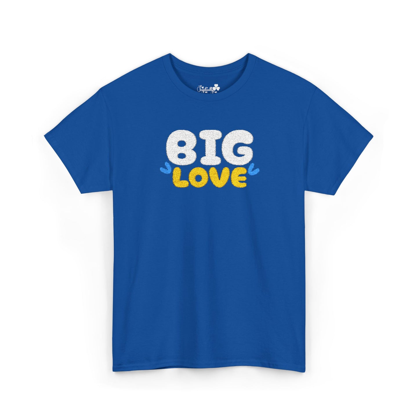 Christmas Gift for women. Valentine’s Day Gift for women. Blue t-shirt with 'BIG LOVE' text on a white background