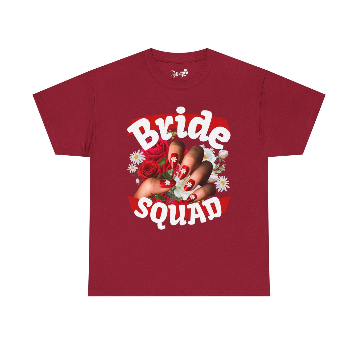 Red t-shirt with 'Bride Squad' graphic on a white background