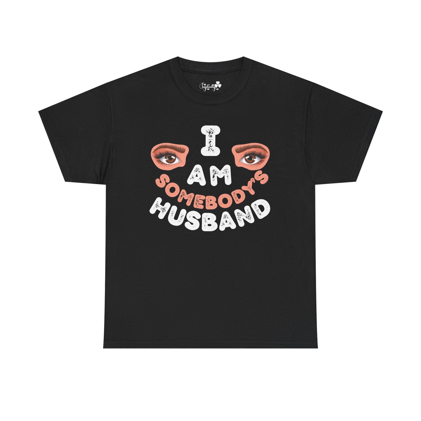 Black t-shirt with graphic design and text on a white background