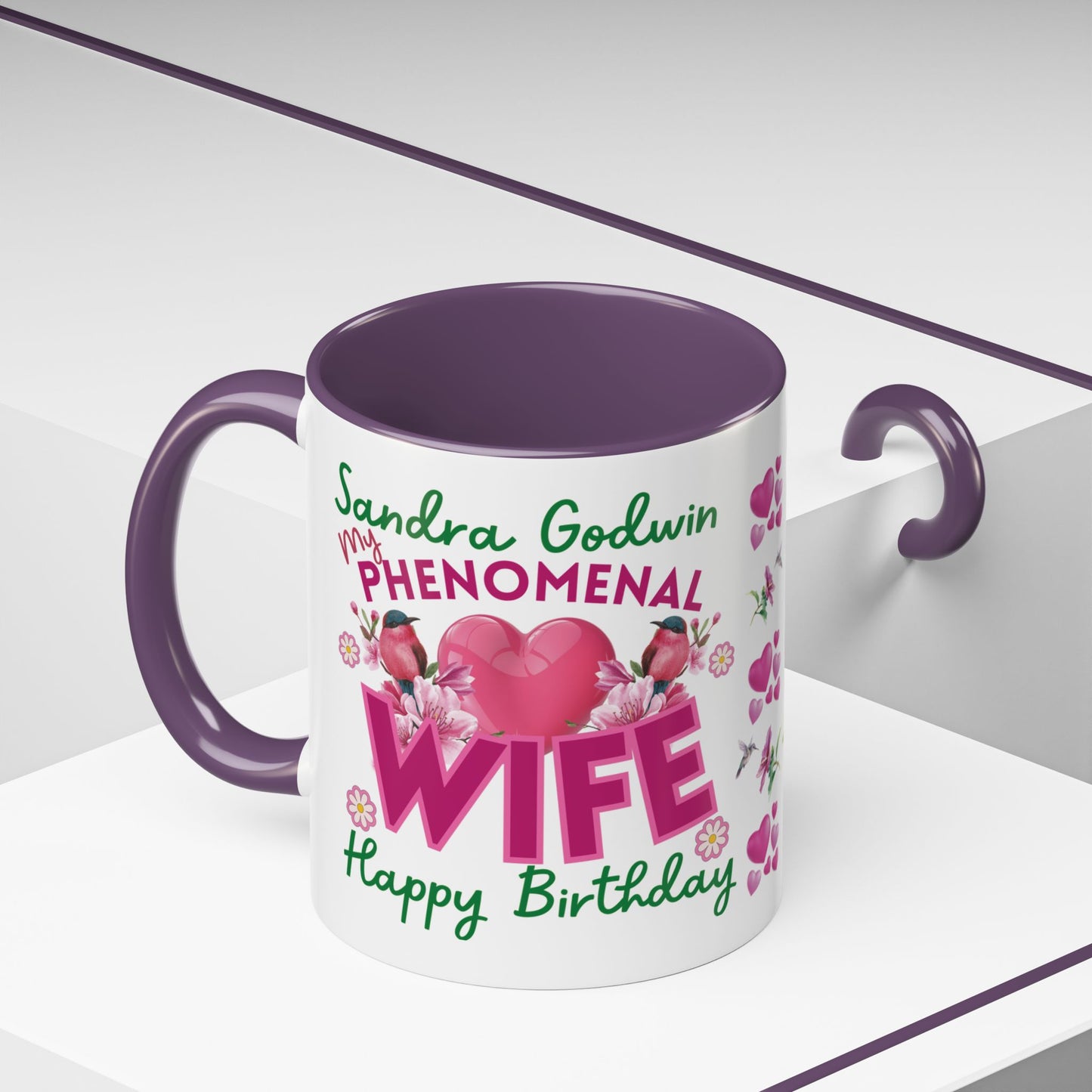 Personalized Birthday Mug for Wives. Mug with personalized message and floral design on a white background
