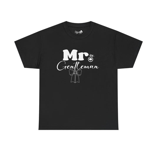Black t-shirt with 'Mr Gentleman' text and bow graphic on a white background