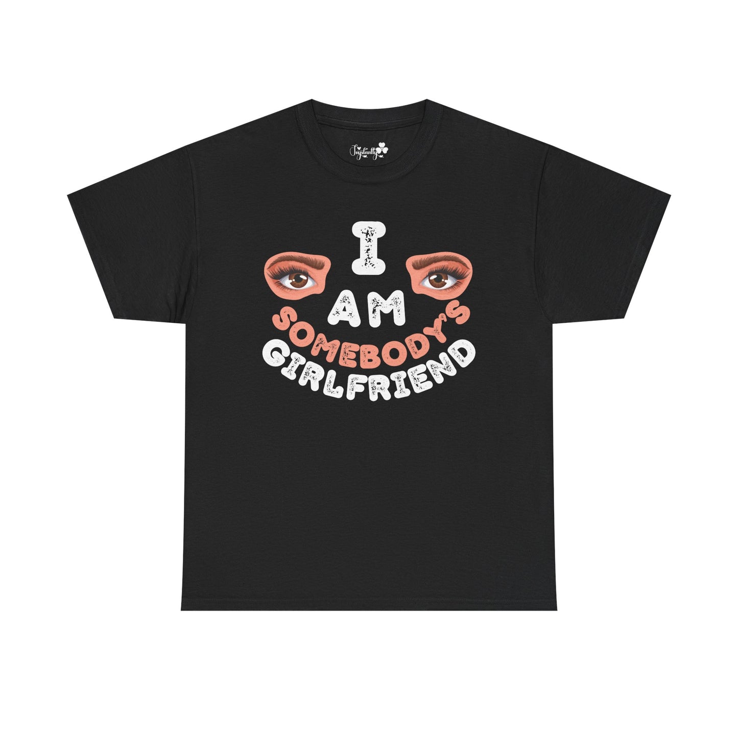 Black t-shirt with graphic design and text on a white background
