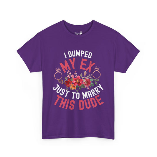 Purple t-shirt with humorous text and floral design on a white background