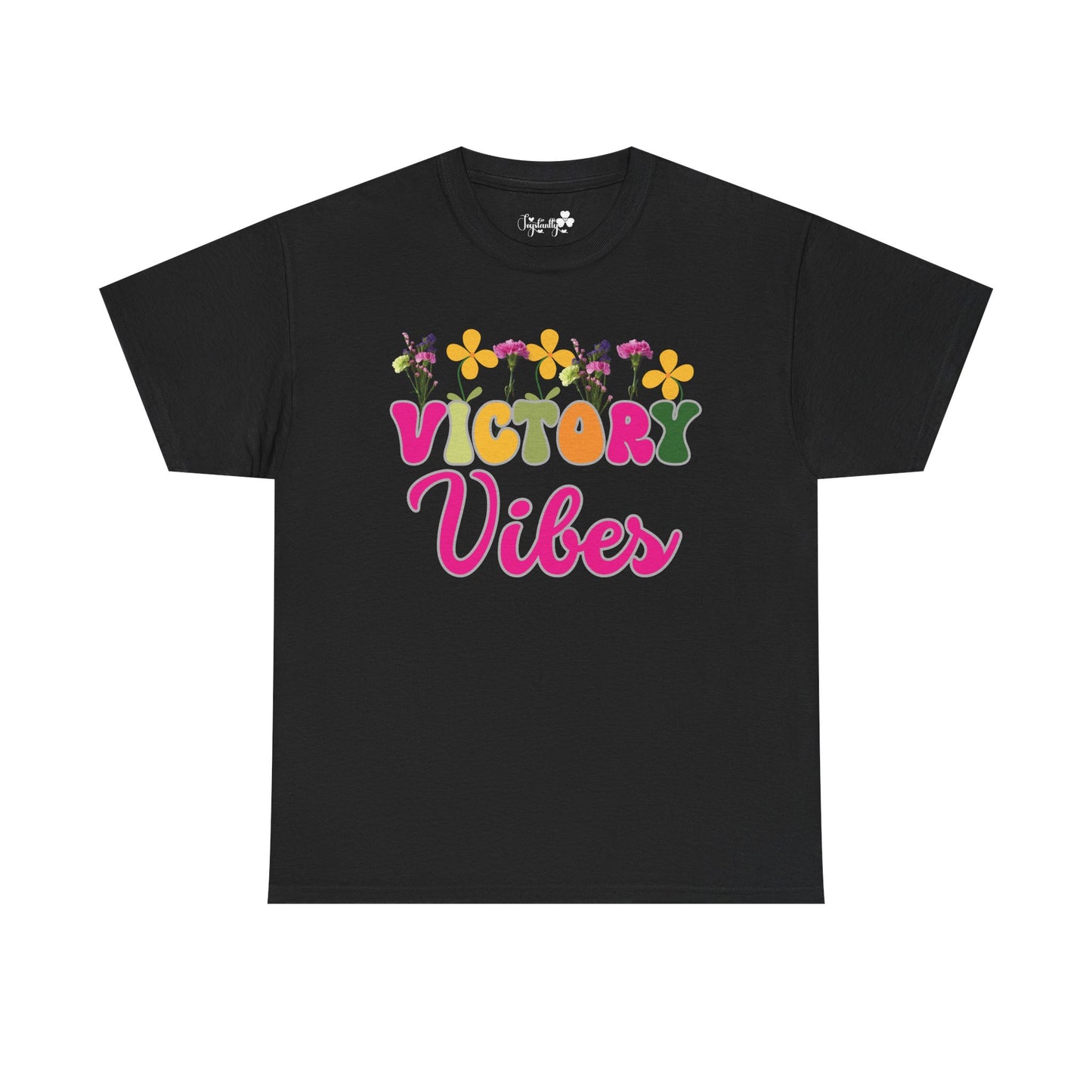 Motivational T-shirt for positive affirmations. Black t-shirt with 'Victory Vibes' text and colorful flowers on a white background