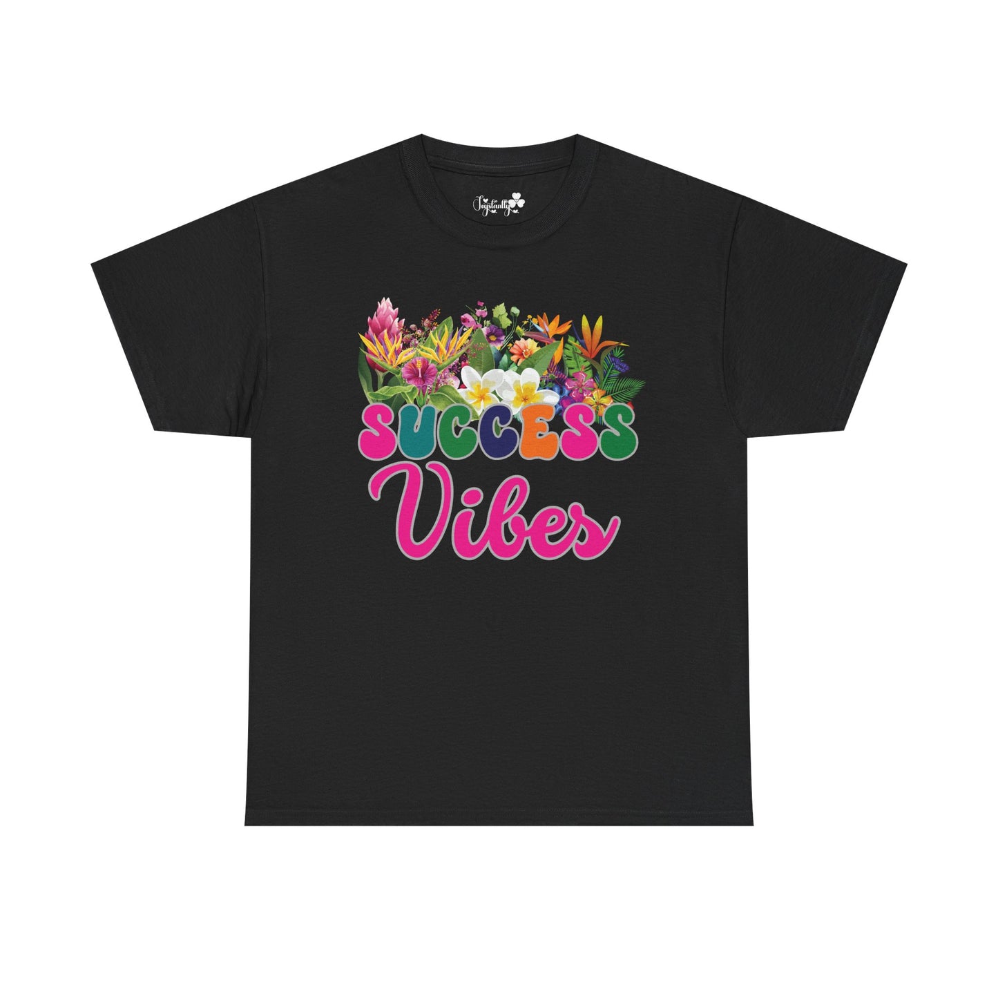 Motivational T-shirt for positive affirmations. Black t-shirt with colorful floral design and 'Success Vibes' text on a white background