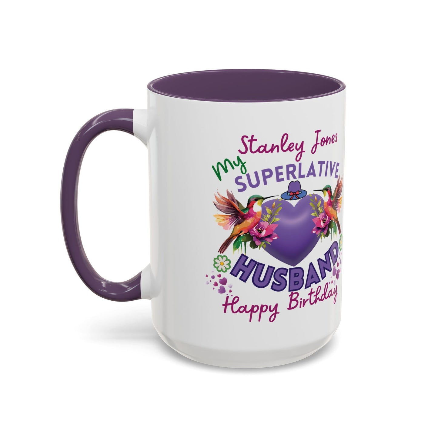 Personalized Birthday Mug for Husbands. White mug with purple interior and handle, featuring colorful text and graphics on a white background