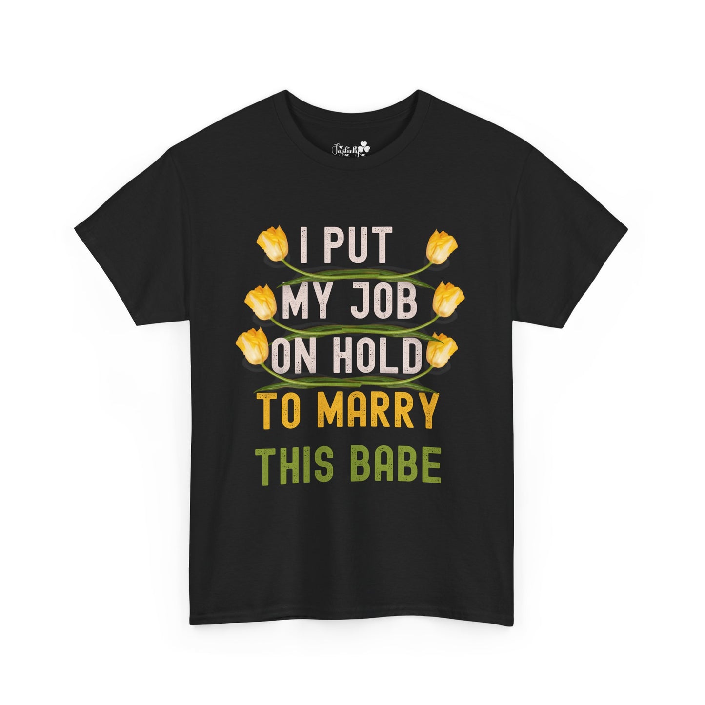 Black t-shirt with yellow and green text and graphics on a white background