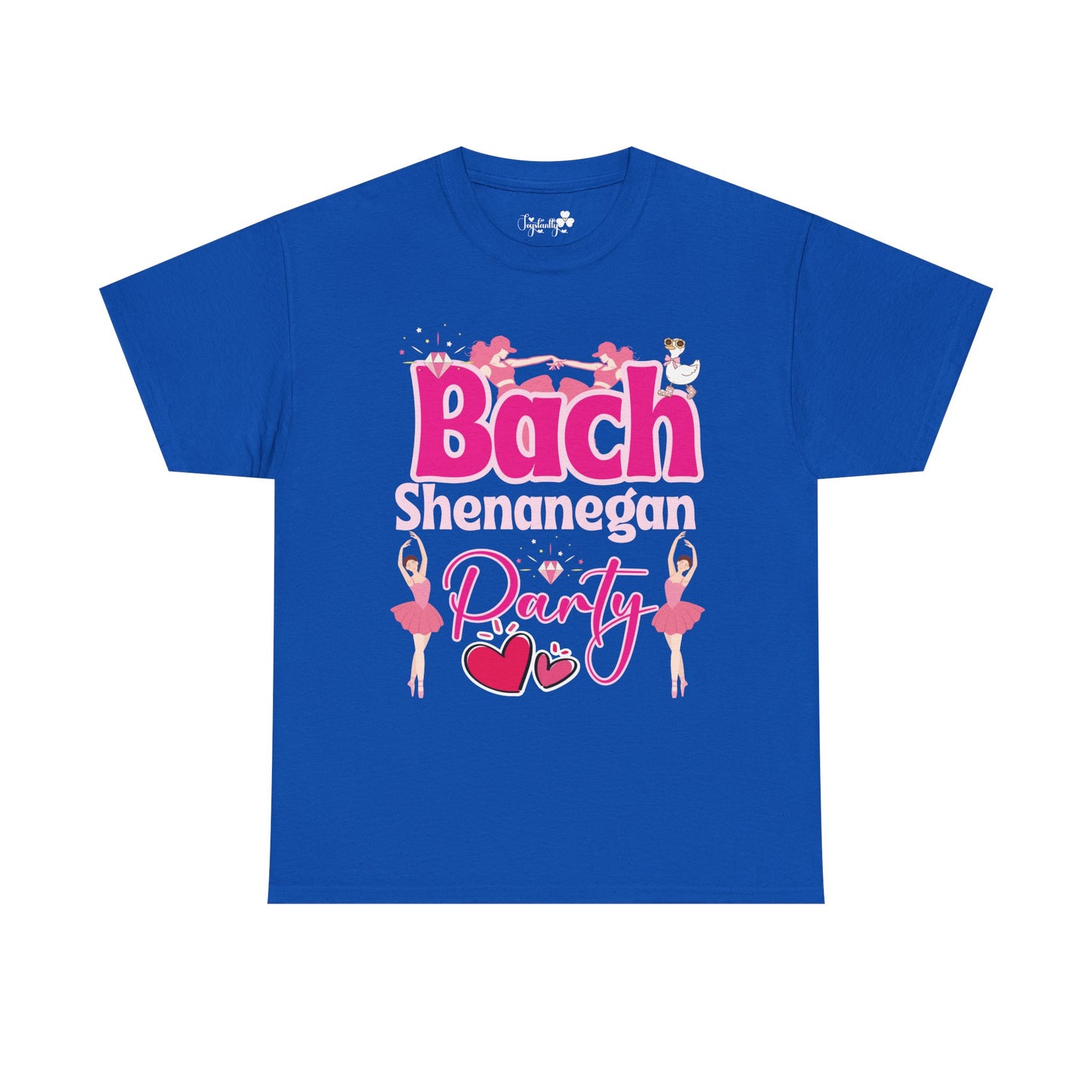 Blue t-shirt with pink and white text and graphics on a white background