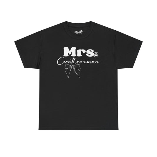 Black t-shirt with 'Mrs. Gentlewomam' text and bow graphic on a white background