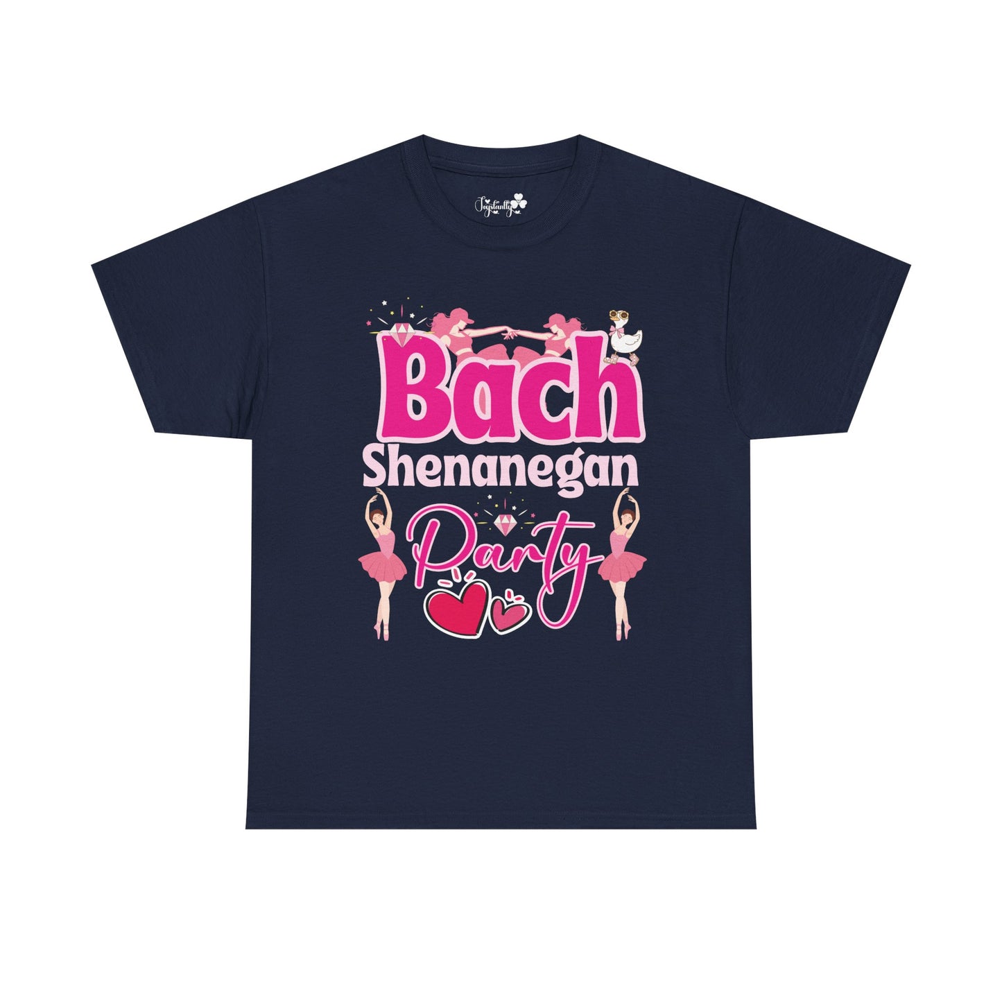 Navy blue t-shirt with pink and white text and graphics on a white background