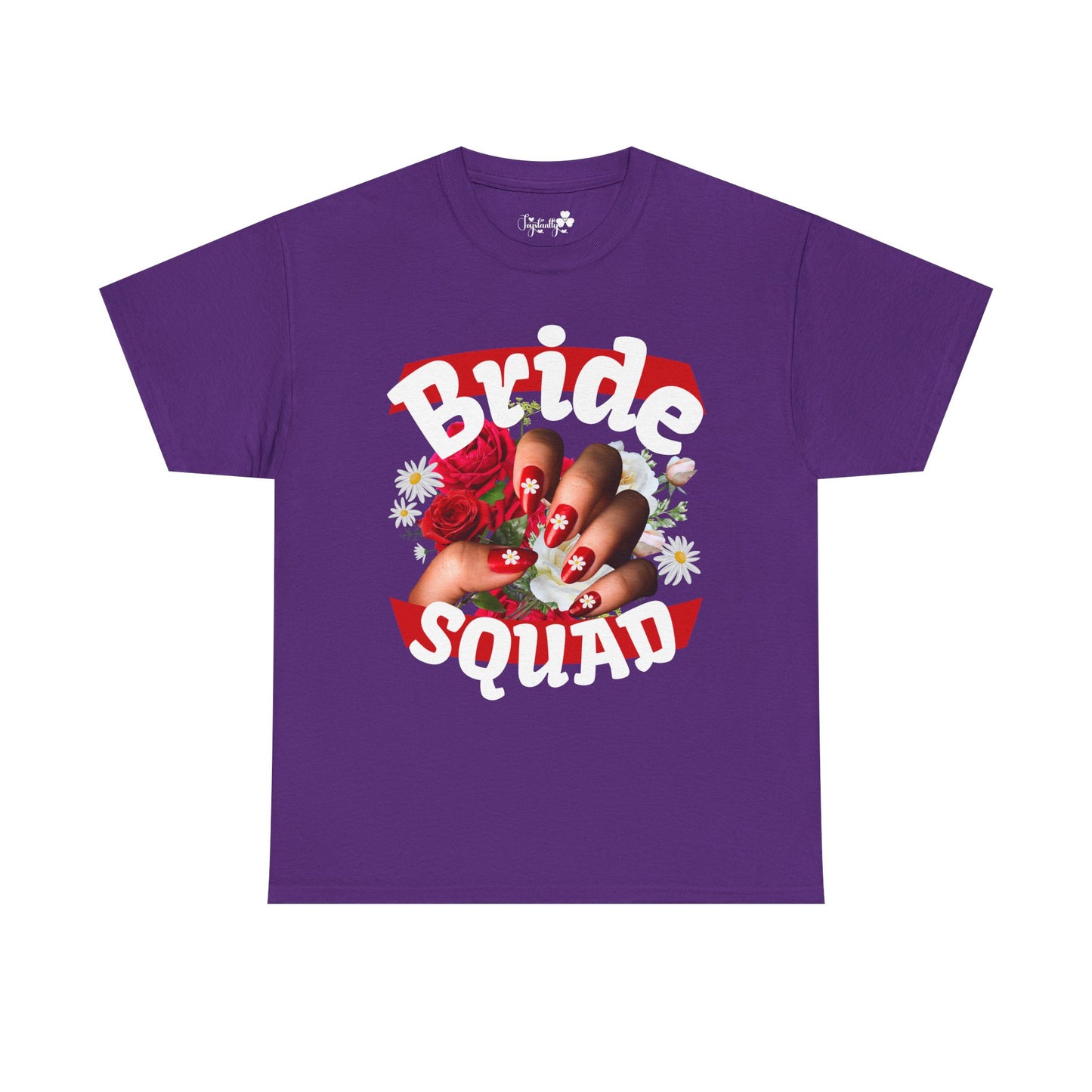 Purple t-shirt with 'Bride Squad' design featuring a hand holding roses on a white background