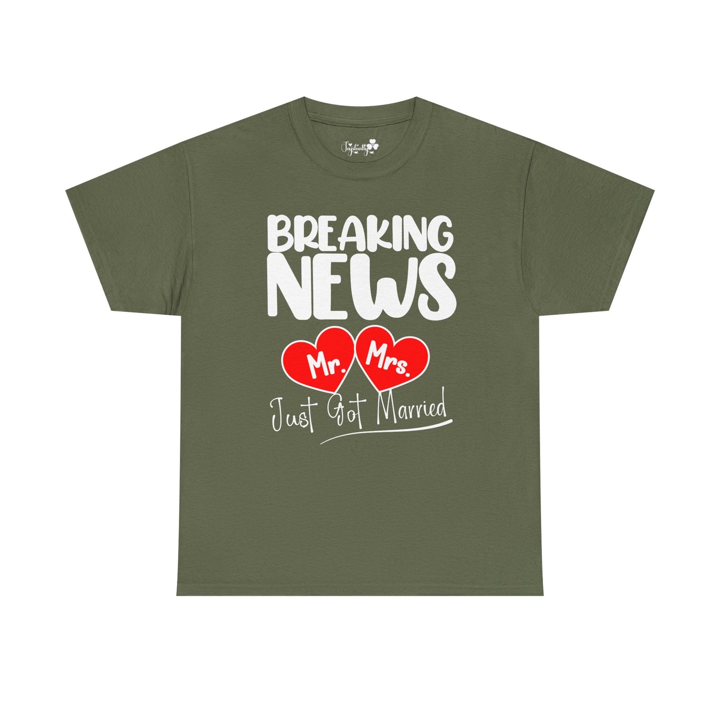 Green t-shirt with 'Breaking News Mr. Mrs. Just Got Married' text and hearts on a white background