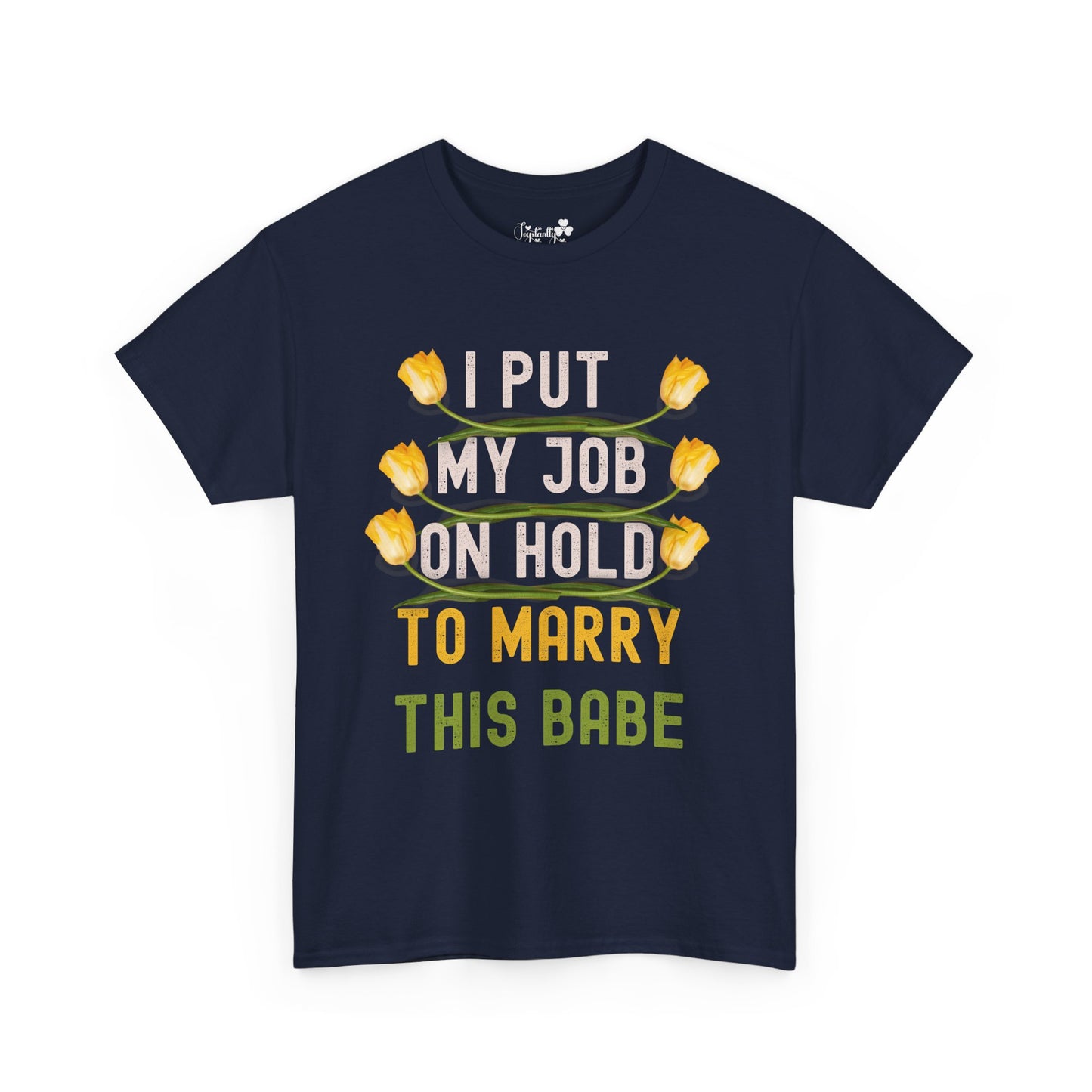 Navy blue t-shirt with yellow tulips and text on a white background