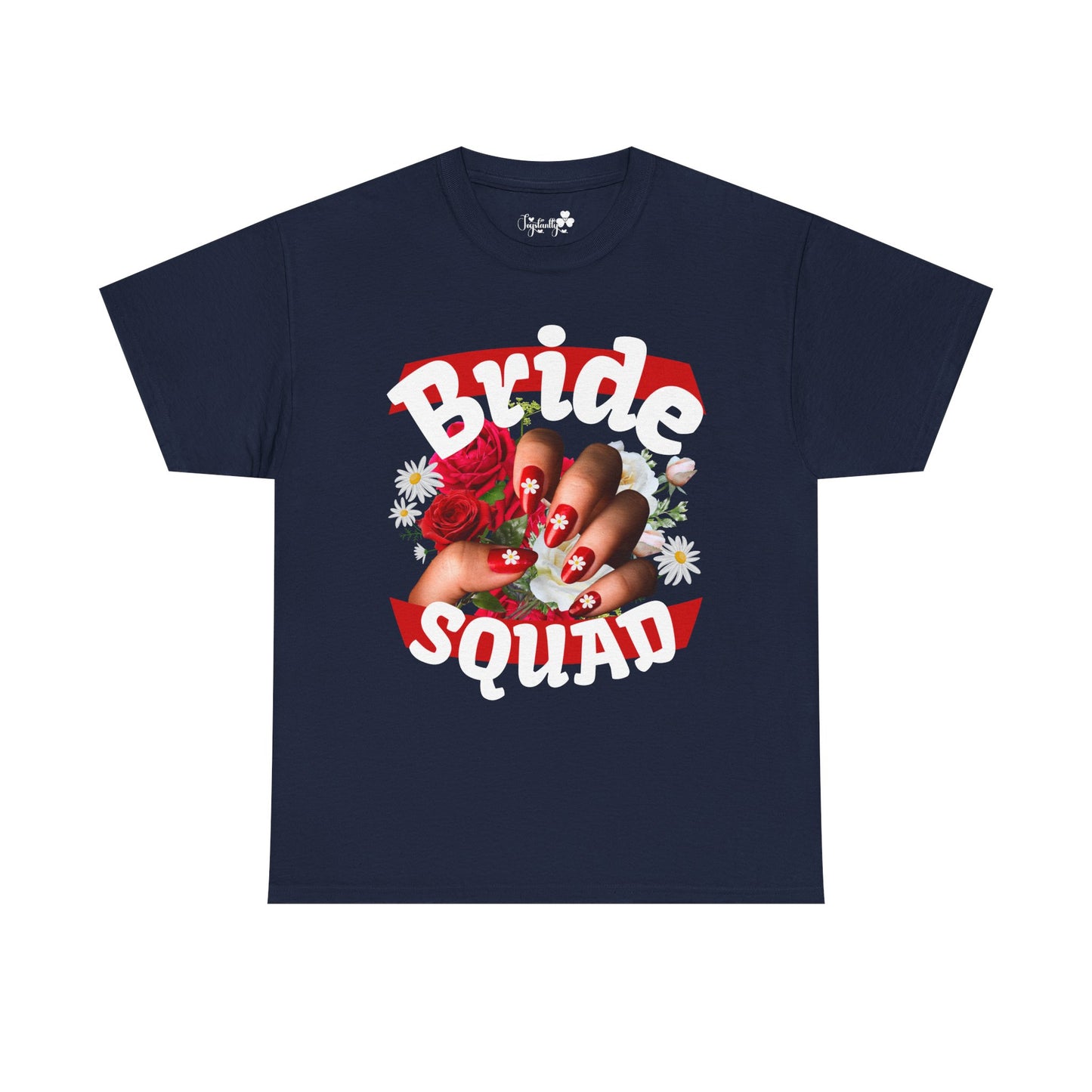 Navy blue t-shirt with 'Bride Squad' graphic design on a white background