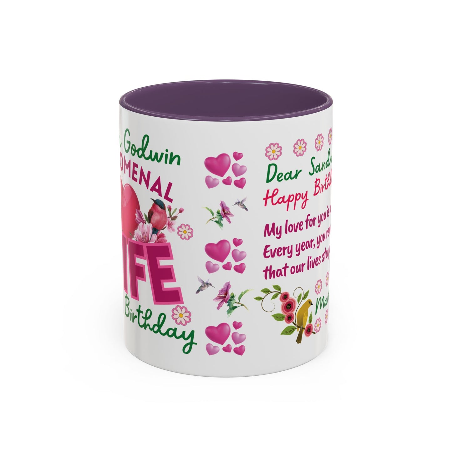 Personalized Birthday Mug for Wives. White mug with colorful text and graphics on a white background