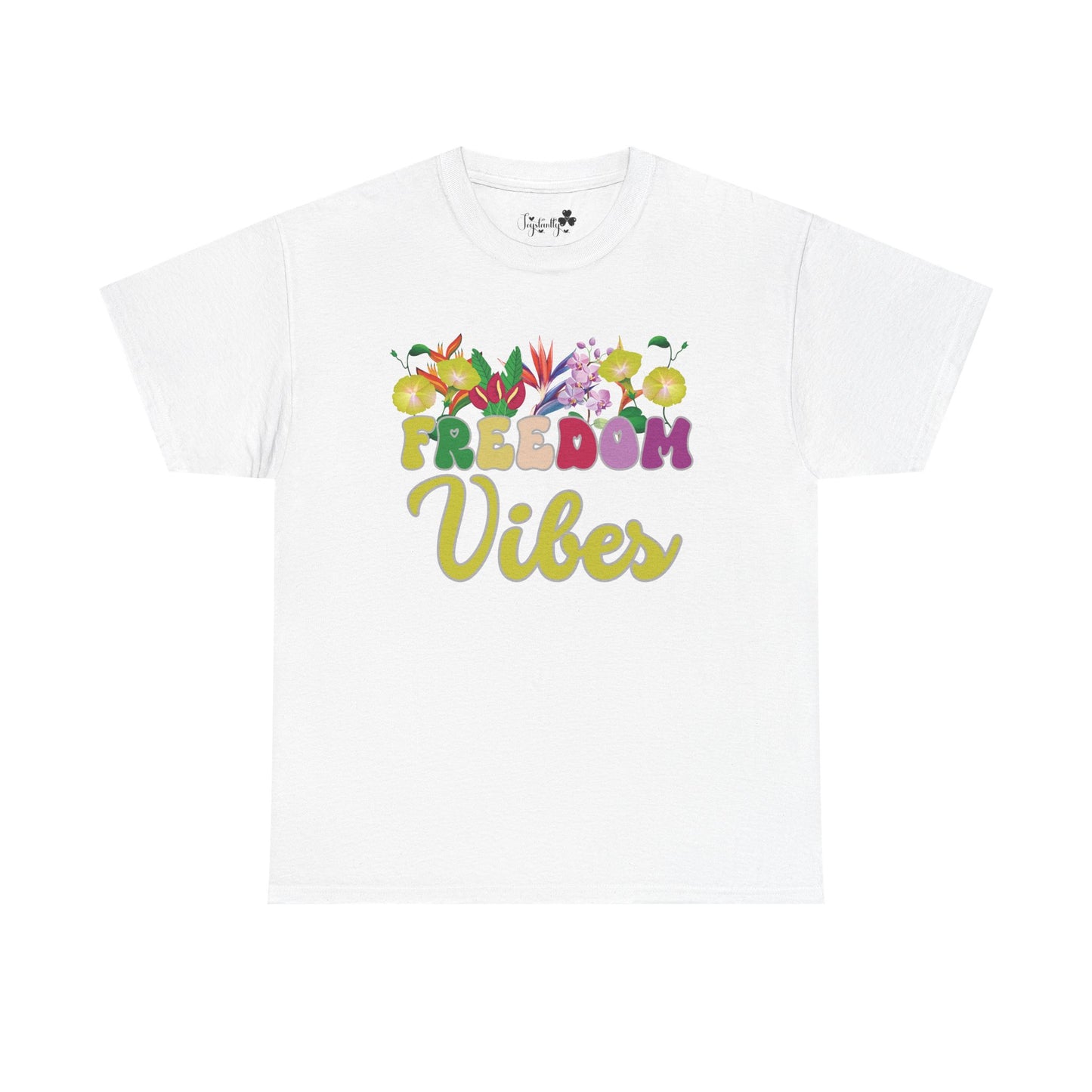 White t-shirt with colorful text 'Freedom Vibes' on a white background