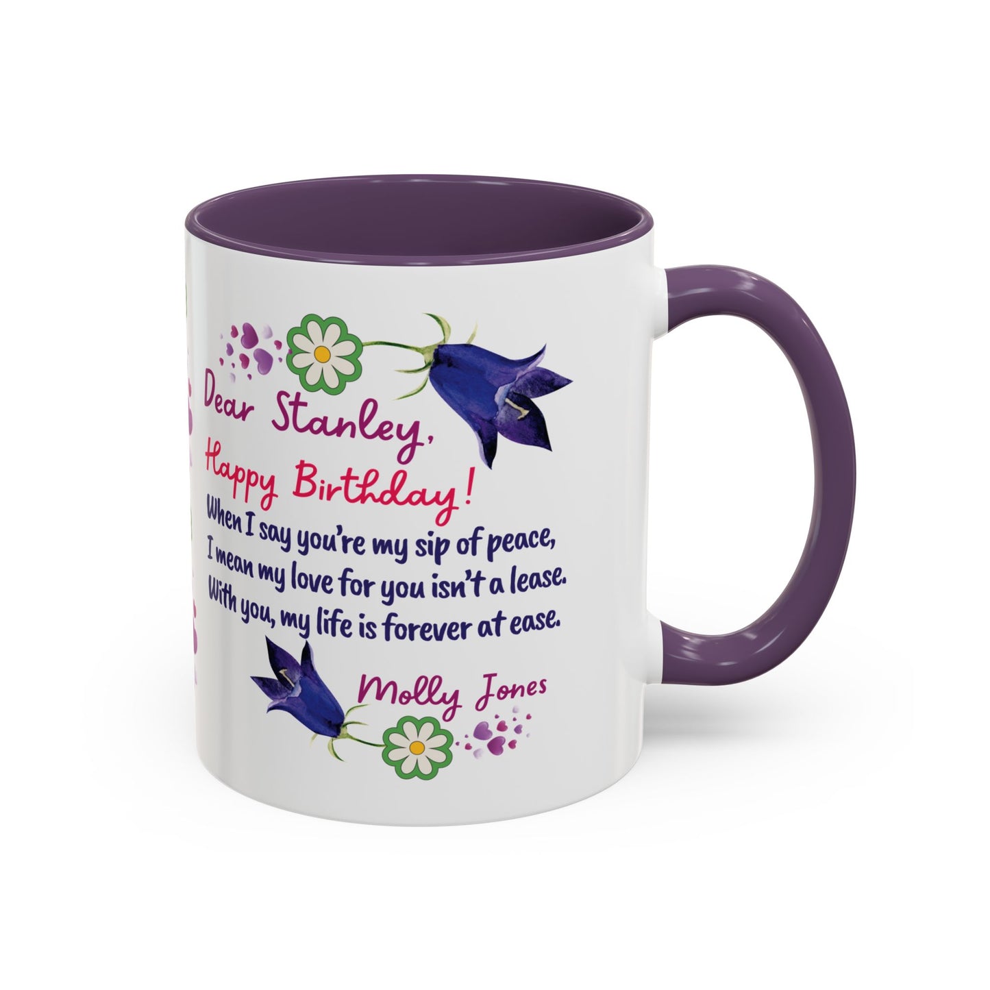 Personalized Birthday Mug for Husbands. White mug with purple interior and handle, featuring a poem and floral designs on a white background.