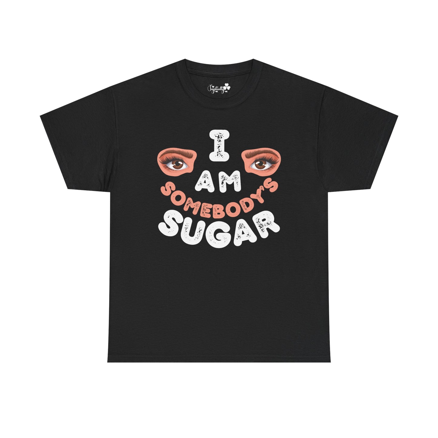 Black t-shirt with graphic design and text on a white background