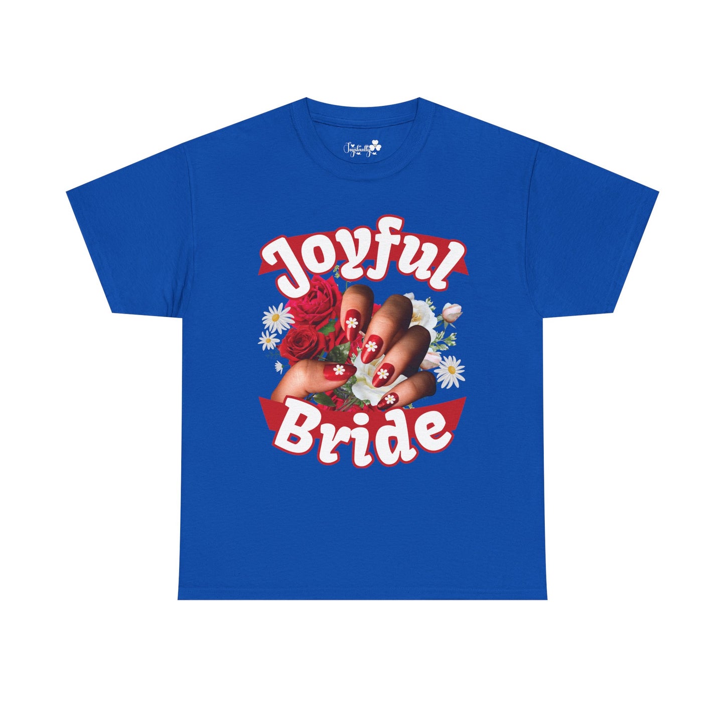 Floral cute bachelorette party shirt. Blue t-shirt with 'Joyful Bride' graphic design on a white background